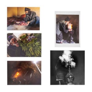 Cannabis postcard from Afghanistan: A set of five  postcards featuring an Afghan man smoking hashish, his head partially obscured by clouds of smoke, with each card showcasing varying angles and artistic compositions.