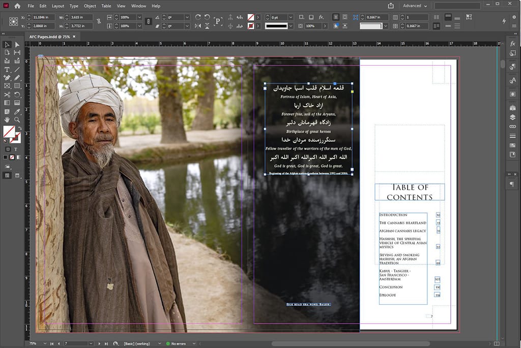 Editing of the table of content of the book Afghanistan fortress of cannabis in the software adobe indesign