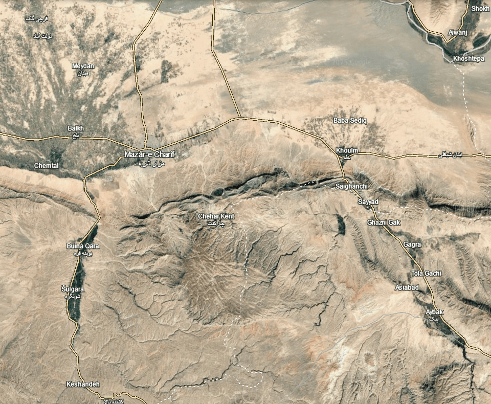 Map of Northern Afghanistan with satellite view