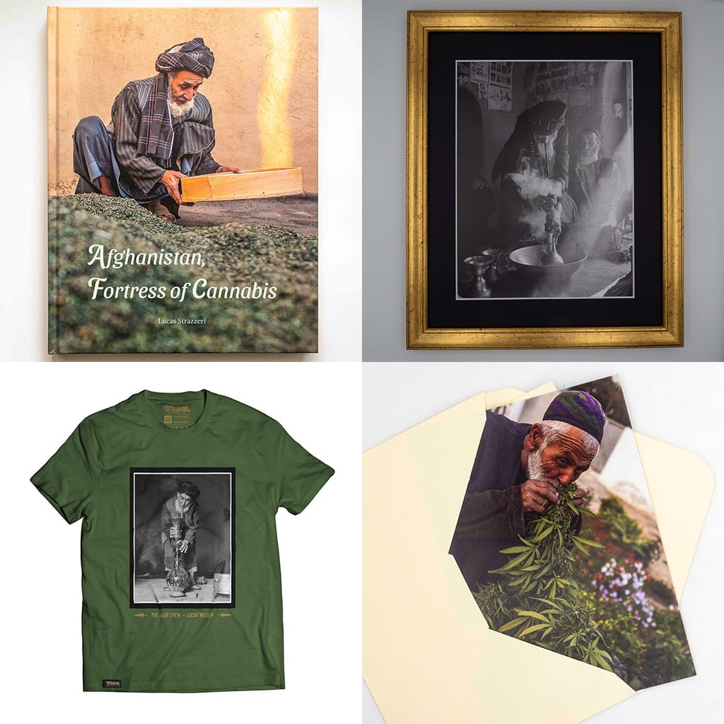 Afghanistan fortress of cannabis kit with t-shirt book, postceard and framed black and white print, it is the perfect Valentine's Day gift for cannabis lovers