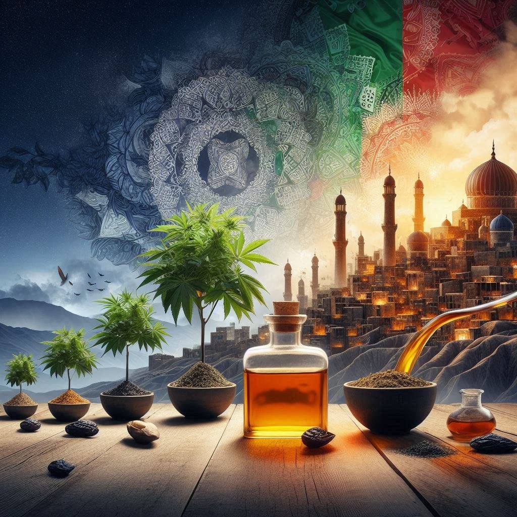 Cannabis oil and potted plants on a table, with a city skyline in the background, reflecting Afghan hash heritage.